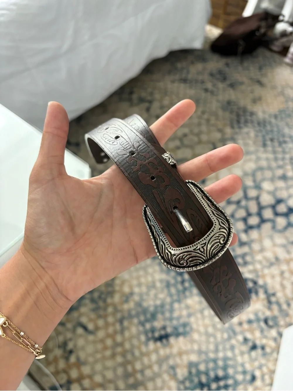 Tooled Brown Leather Belt with Ornate Silver Buckle